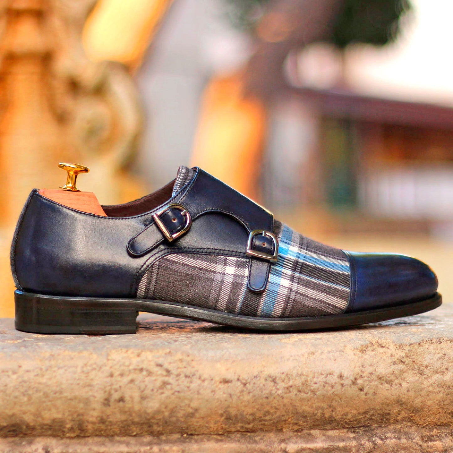 Navy Double Monk Men's Shoes with Tan Calf Leather Lining