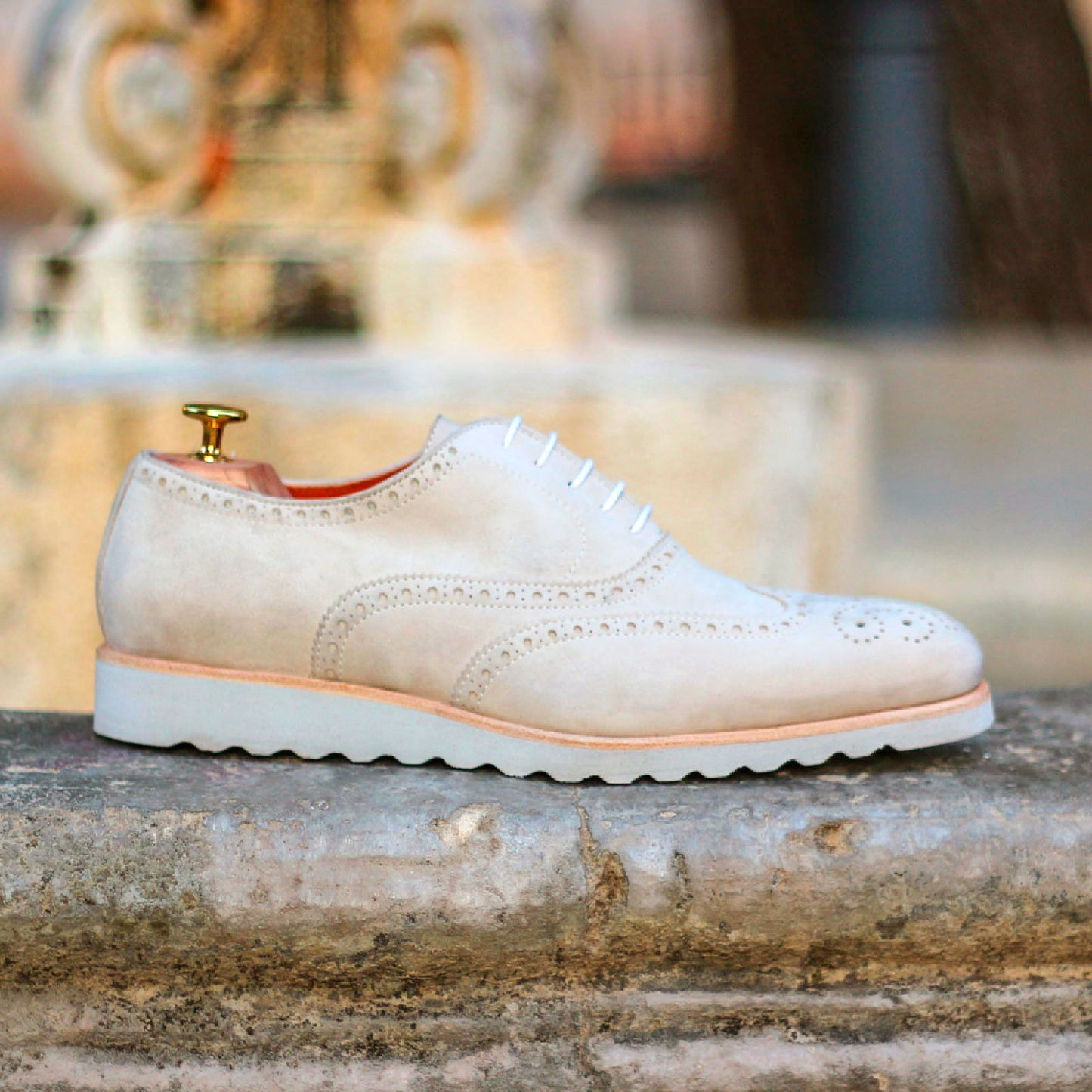 Full Brogue Wingtip Shoes in Ivory Kid Suede