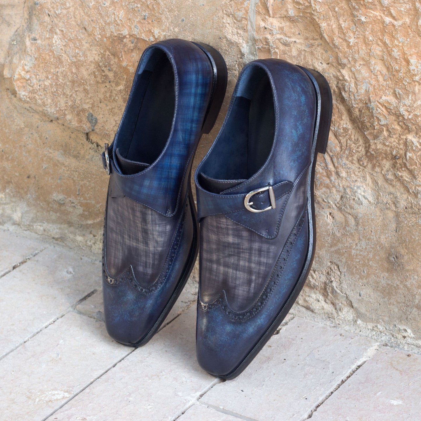 Men's Denim and Grey Monk Strap Shoes