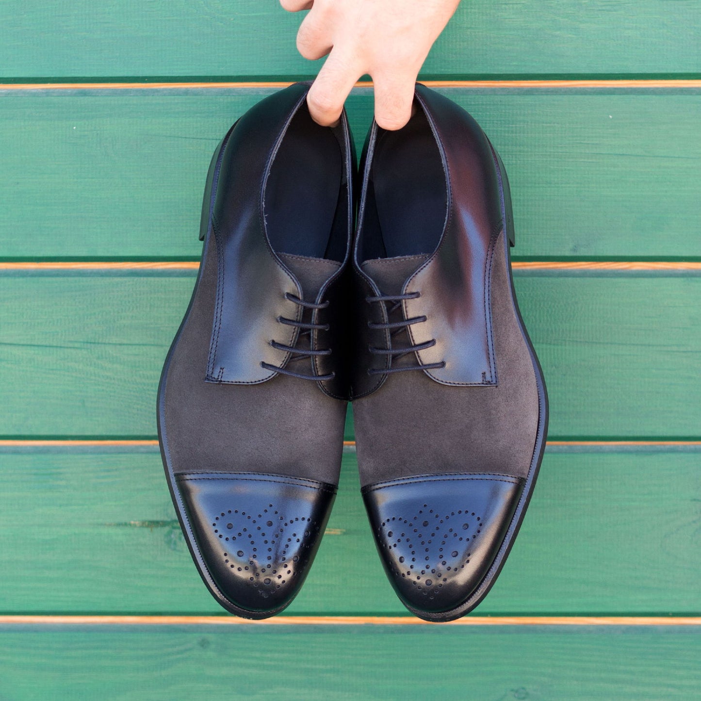 Derby Shoes for Black Box Calf, Grey Lux Suede & Leather Sole!