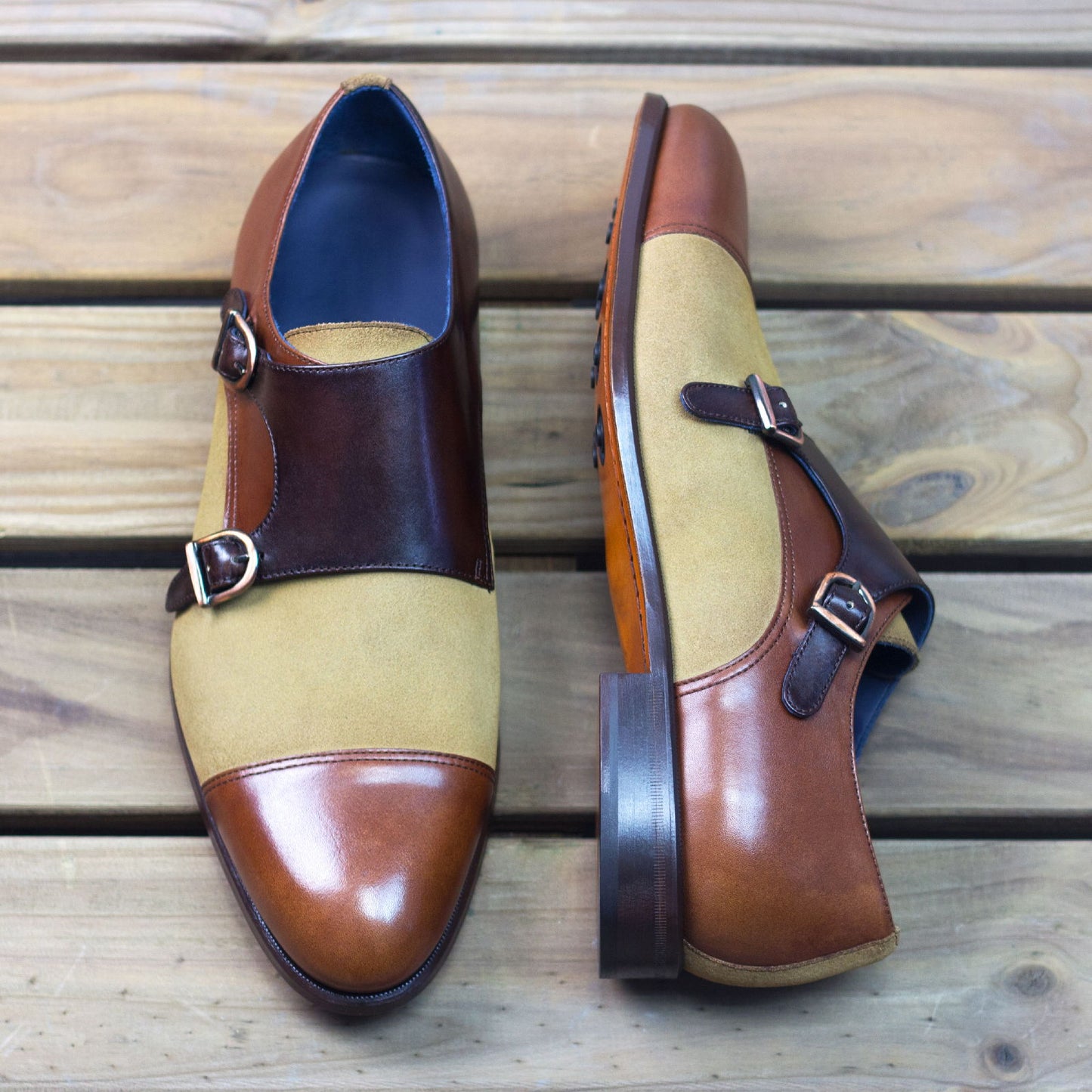Double Monk Shoes with Camel Suede & Brown Painted Calf Leather