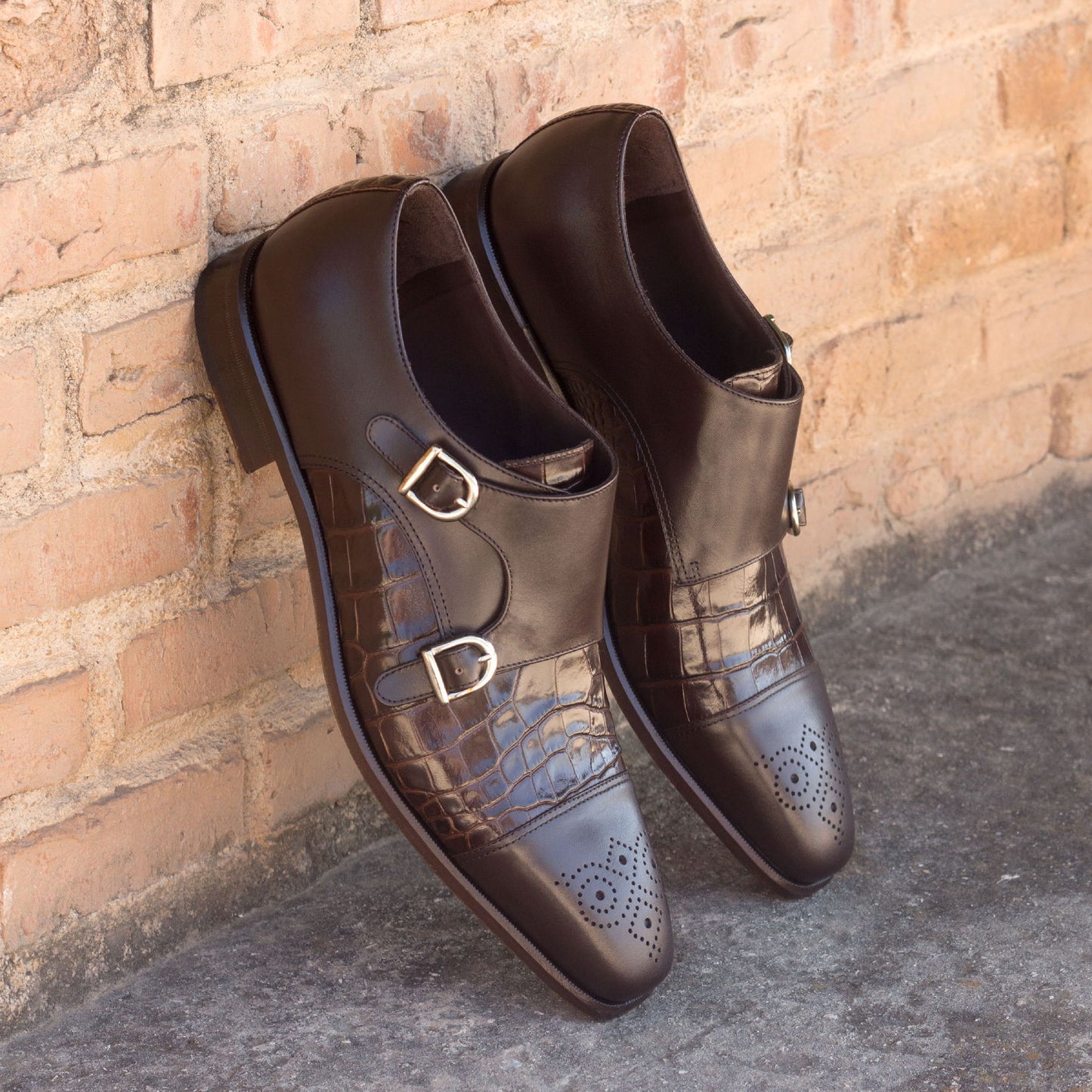Double Monk Shoes for Dark Brown Croco & Box Calf Leather