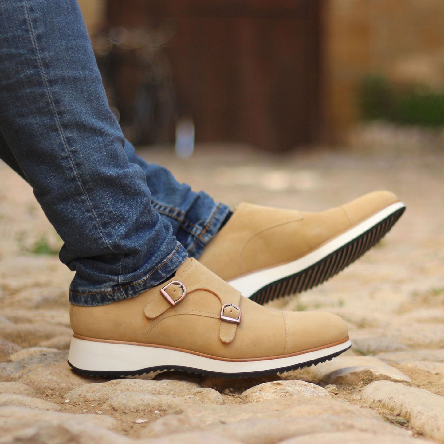 Double Monk Shoes with Sand Lux Suede & Xtralight Rubber Sole