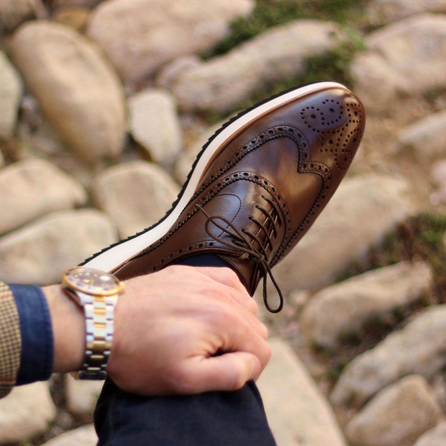 Full Brogue Men's Dress Shoes with Dark Brown Calf Leather Look